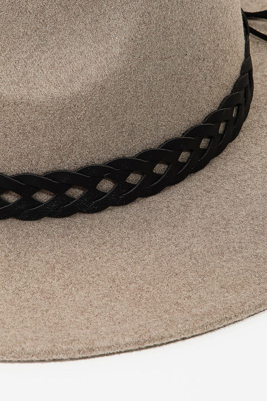 Khaki Fedora Hat with Black Braided Strap