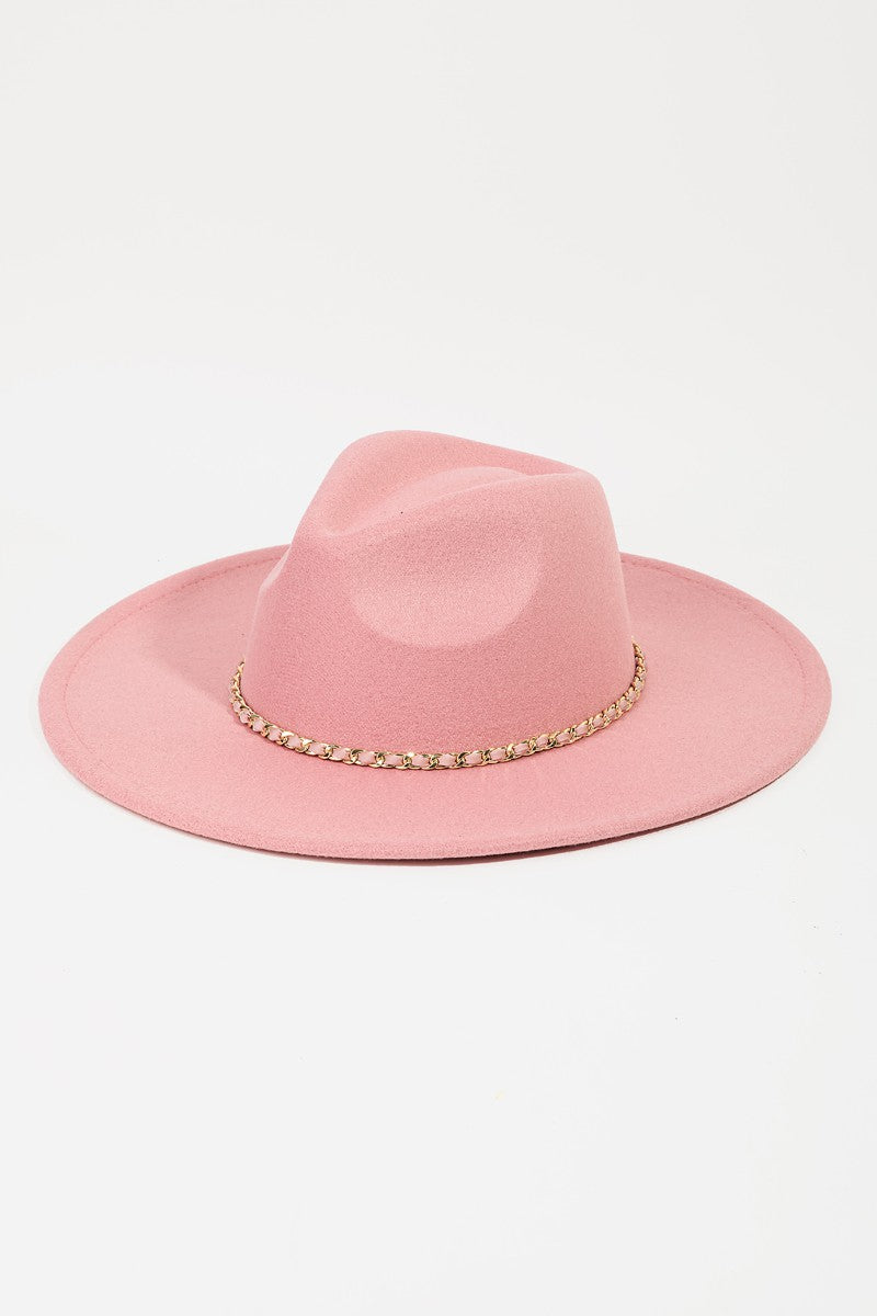 Pink Fedora Hat with Pink Ribbon And Gold Chain