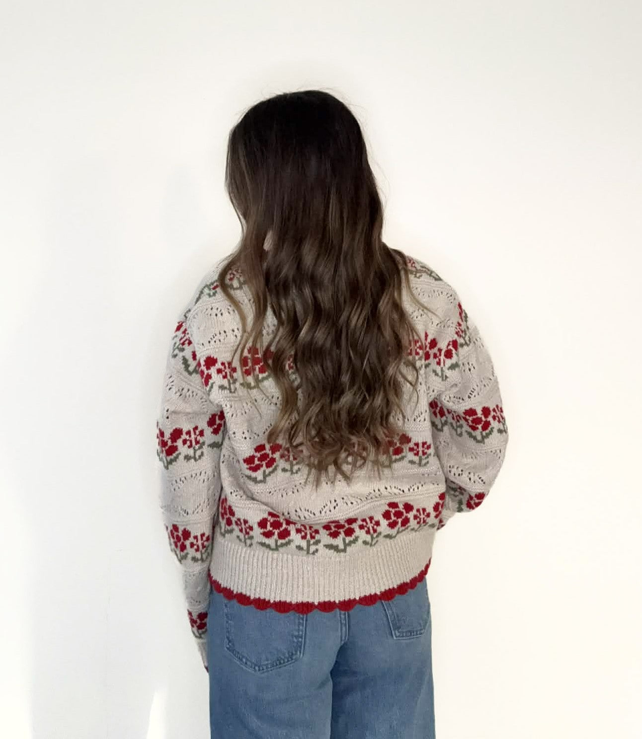 Oatmeal Floral Graphic Detail Knit Sweater Cardigan