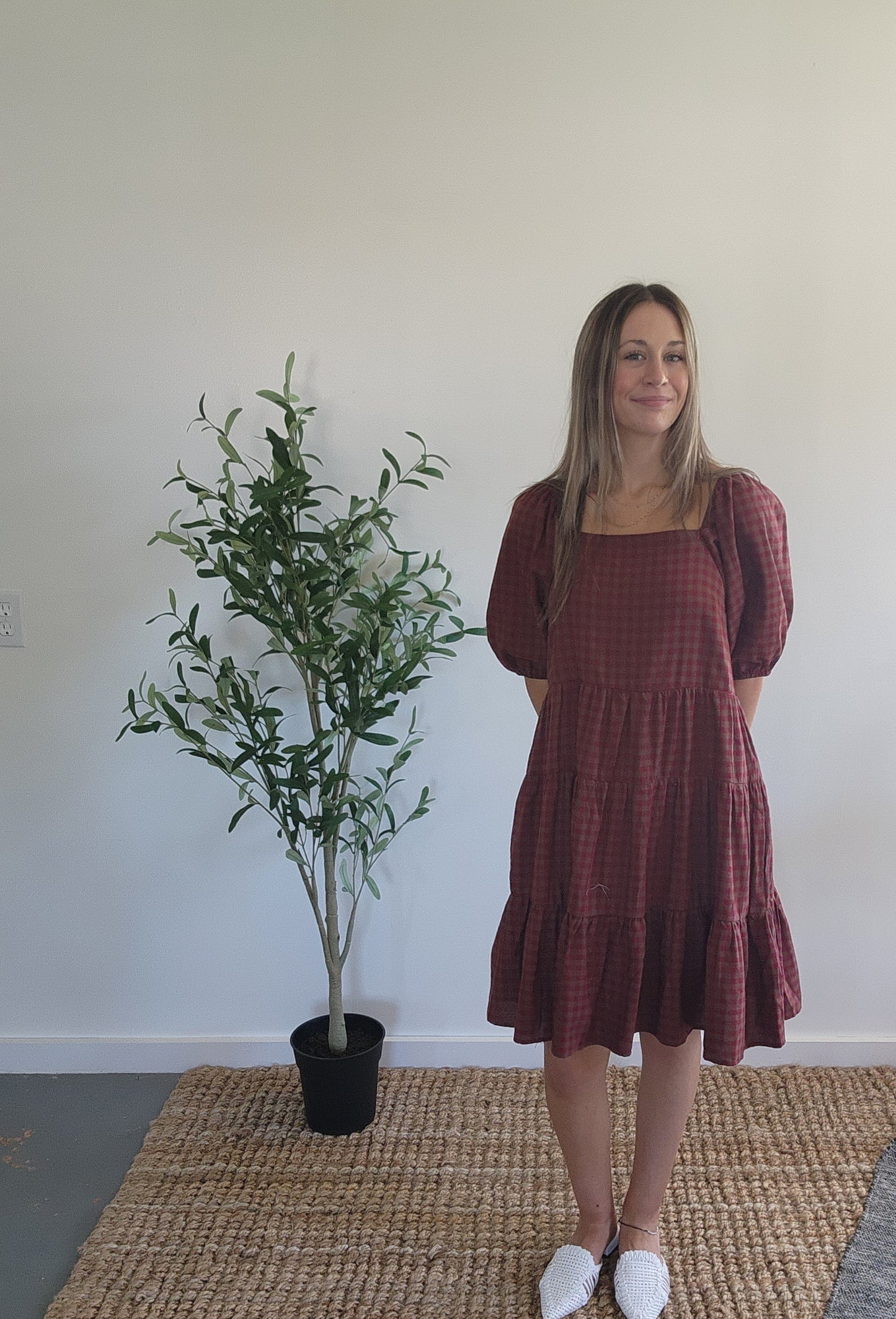 Gingham Printed Midi Dress Red and Olive