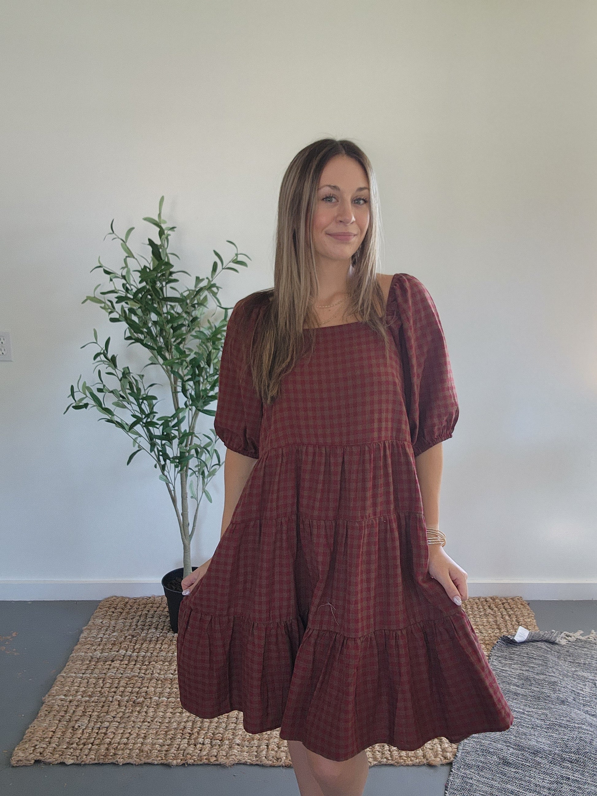 Gingham Printed Midi Dress Red and Olive Front