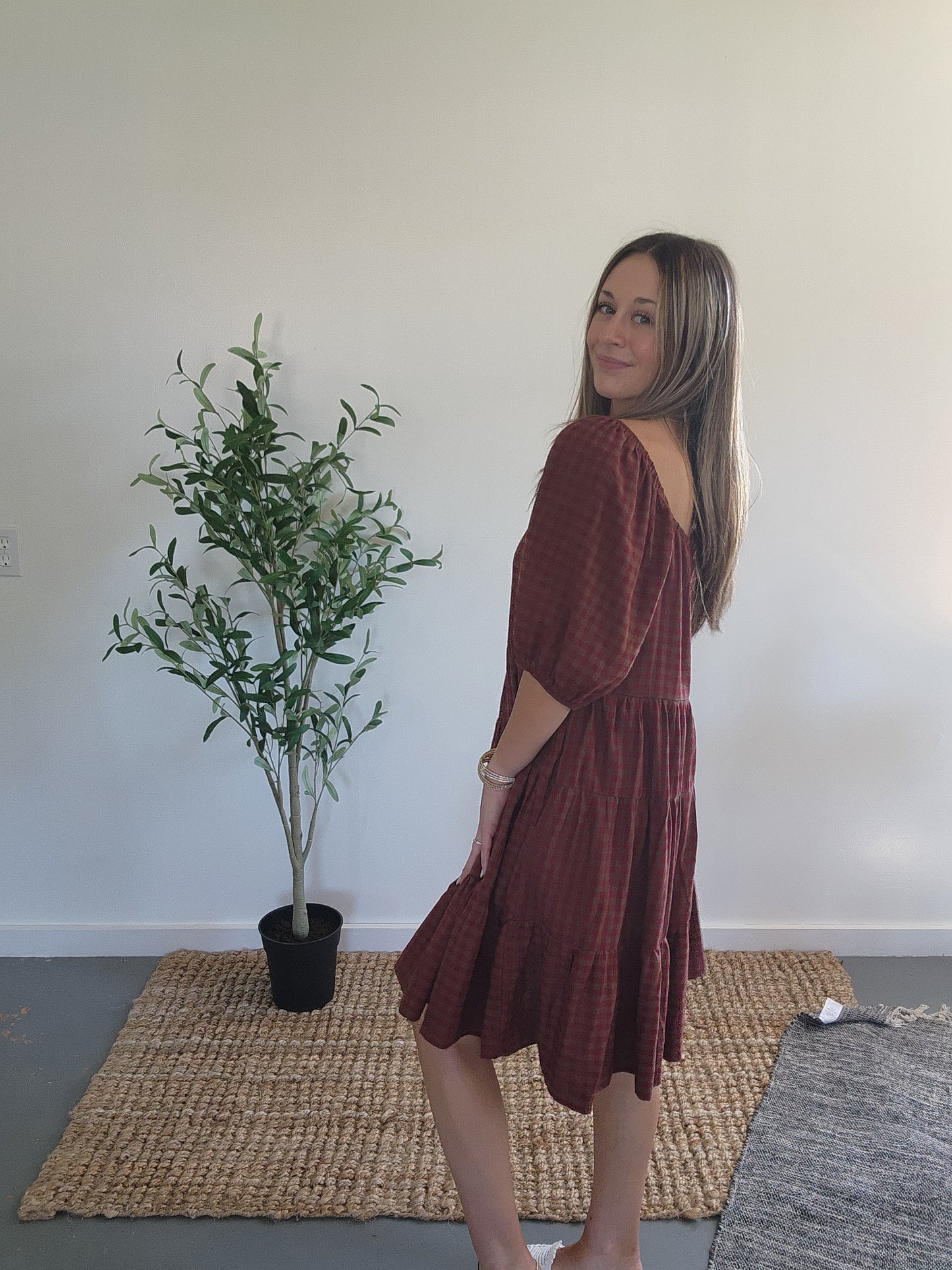 Gingham Printed Midi Dress Red and Olive Back