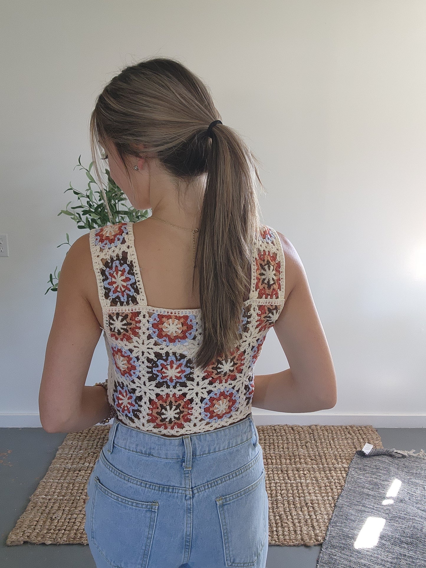 Multi Color Crochet Crop Tank Top Back