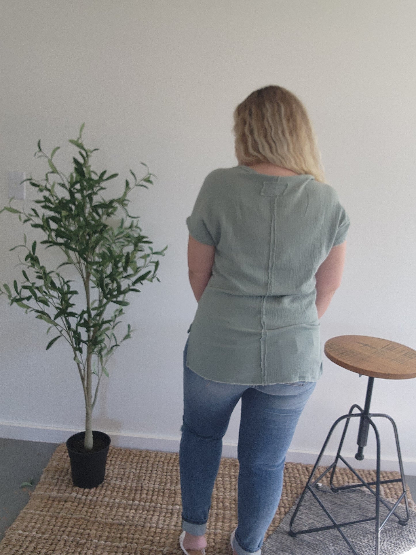 Sage V-Neck Raw Edge Top Back