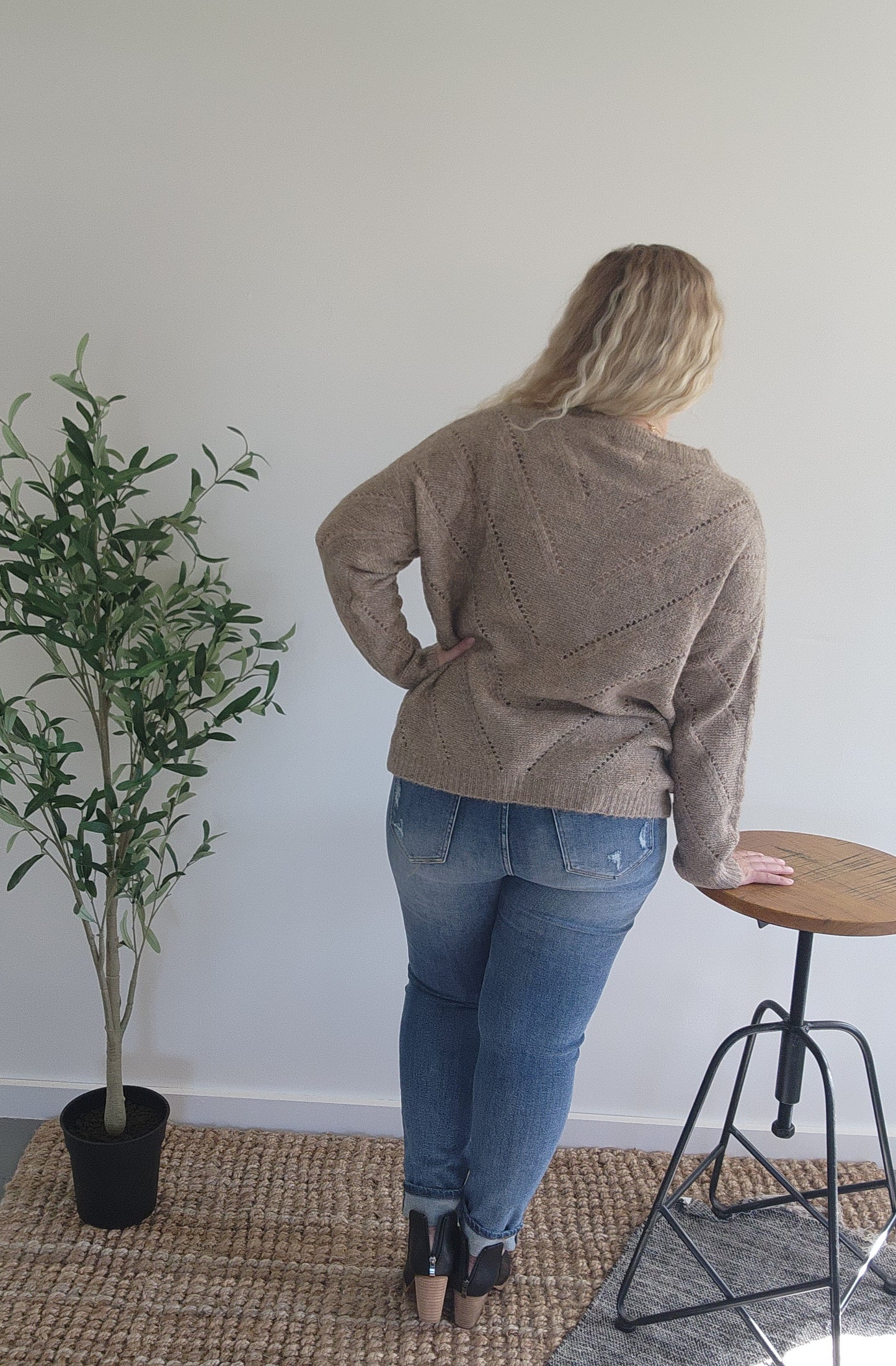 Soft V Shape Sweater Coffee Tan Back