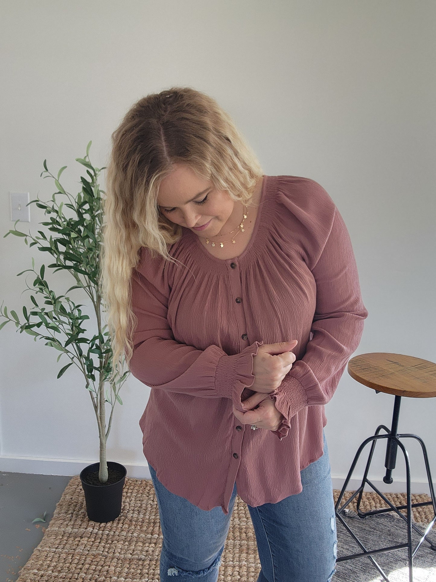 Mauve Crinkle Button Down Long Sleeve Top Sleeve Detail