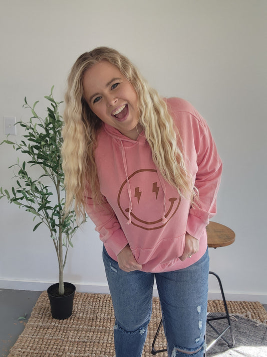 Faded Coral Happy Face Hoodie with Pocket