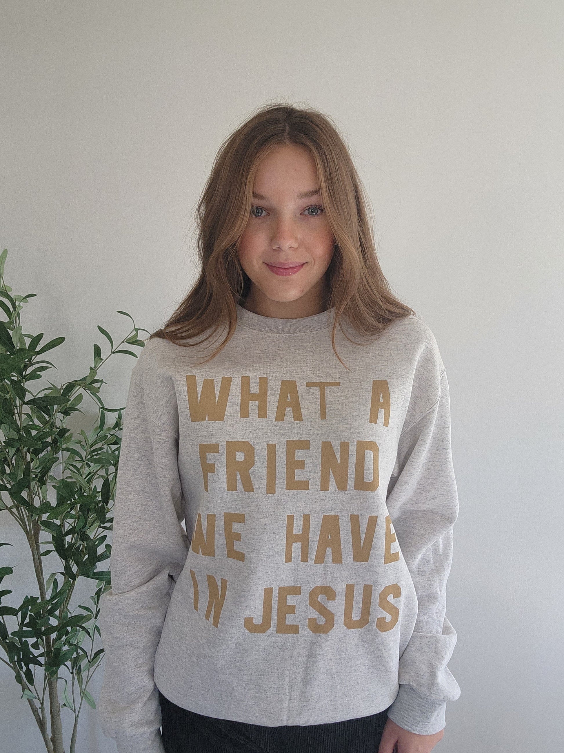 What A Friend We Have In Jesus Sweatshirt Light Grey and Tan Oliver & Otis