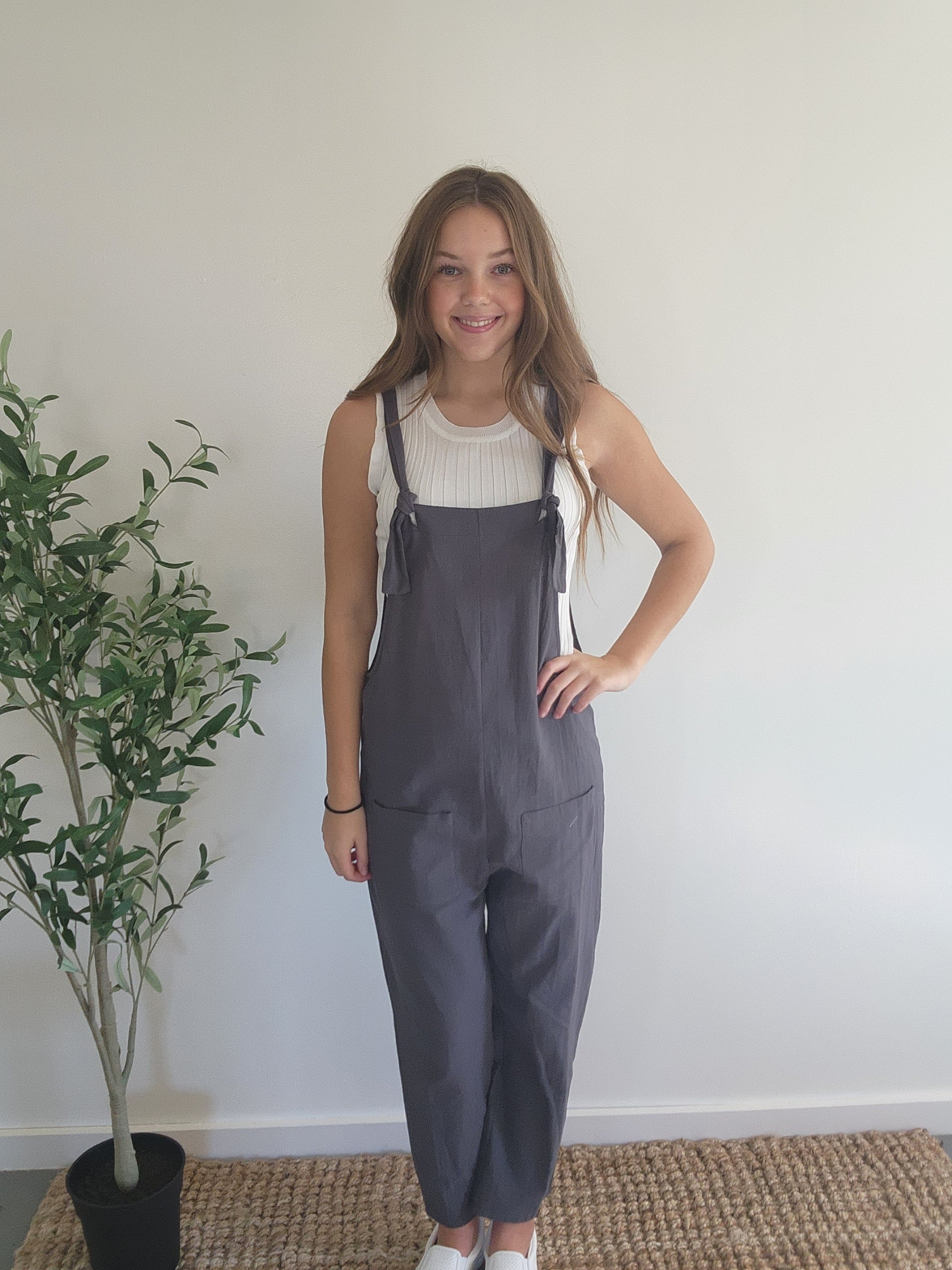 Cement Grey Pocket Detailed Comfy Cotton Overall Jumpsuit Full Front