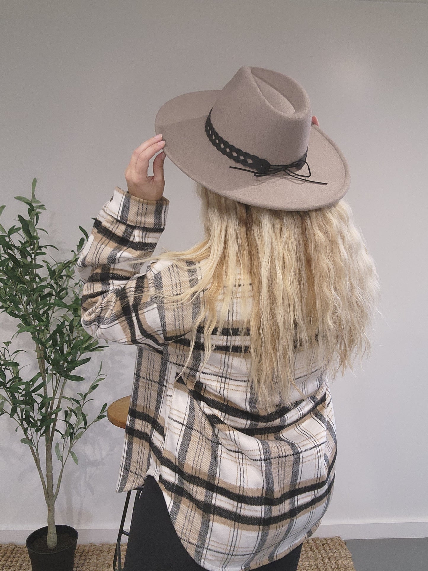 Khaki Fedora Hat with Black Braided Strap