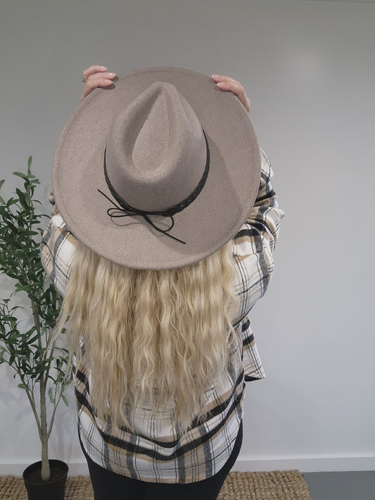 Khaki Fedora Hat with Black Braided Strap