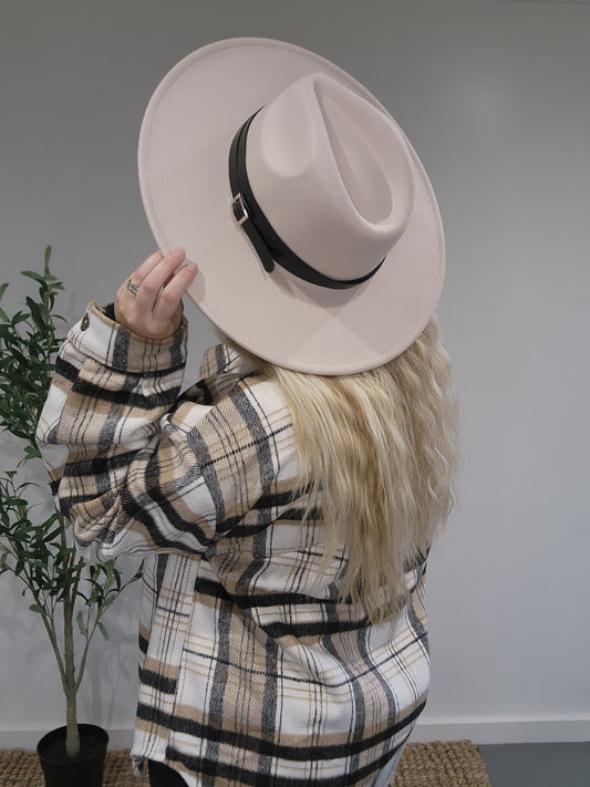 Ivory Fedora Hat with Black Double Wrap Faux Leather Strap