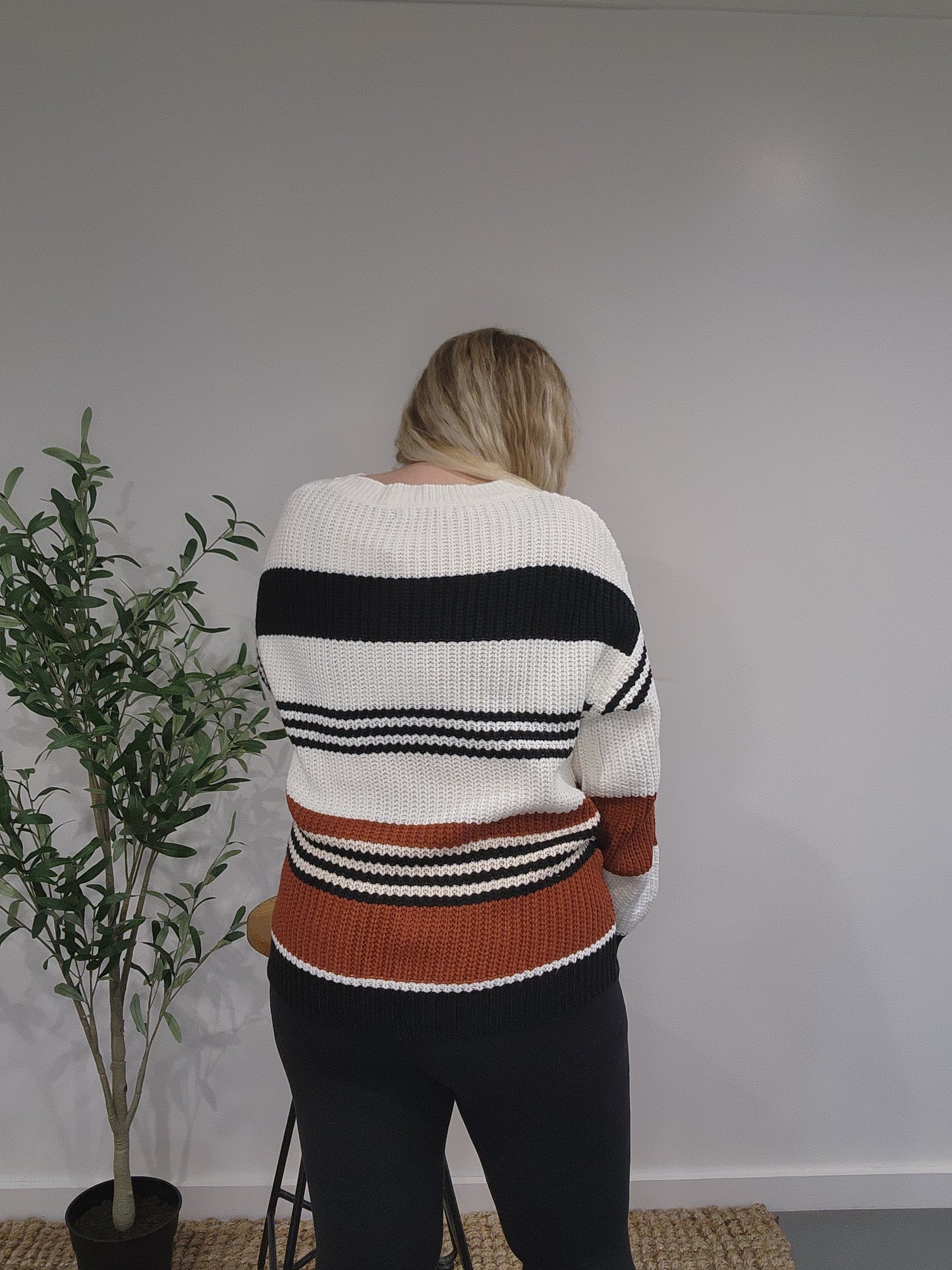 Fall Crew Neck Striped Color Block Loose Fit Knitted Pullover Sweater