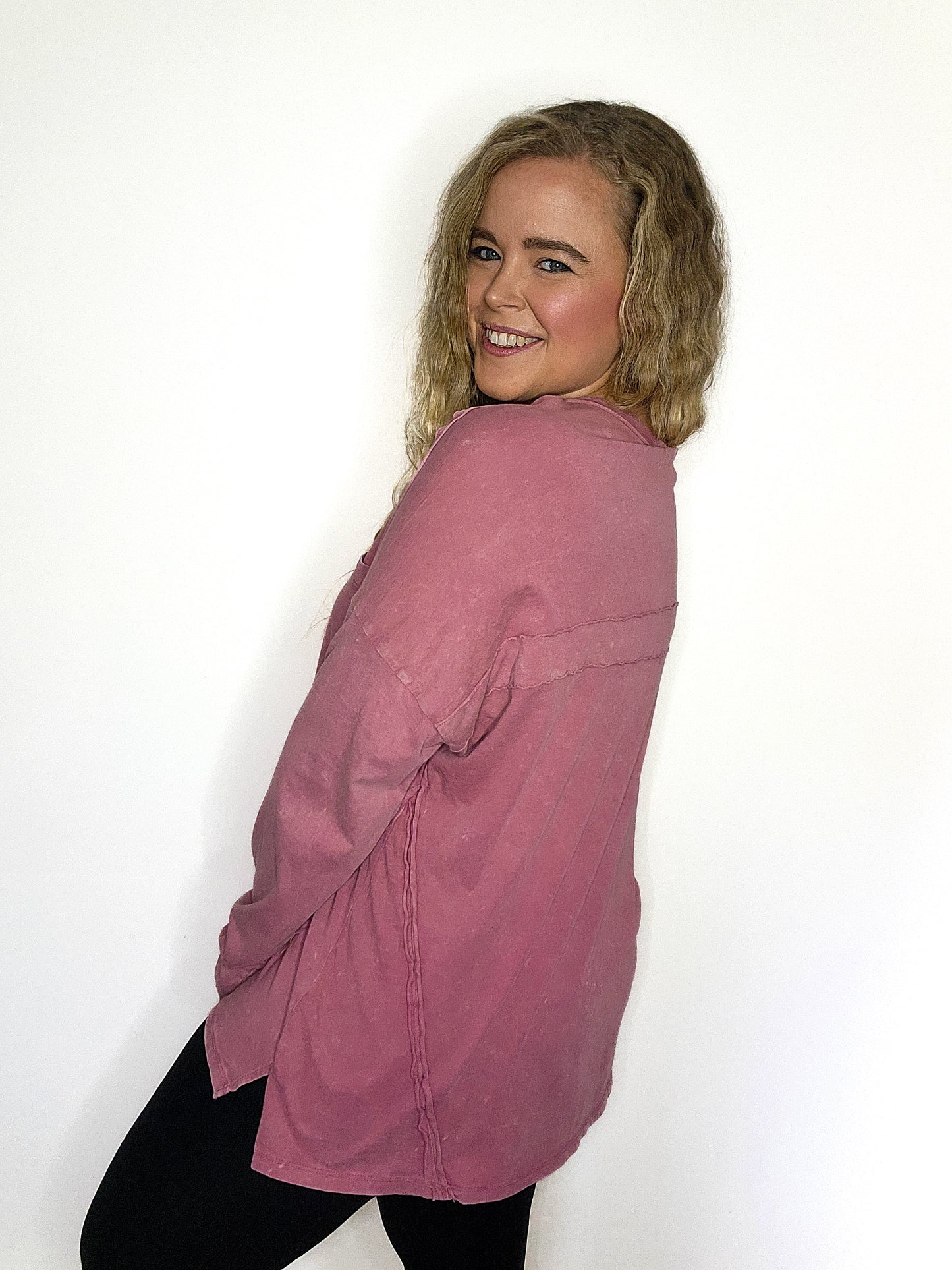 Mauve Raw Seam Detail Washed Knit Top