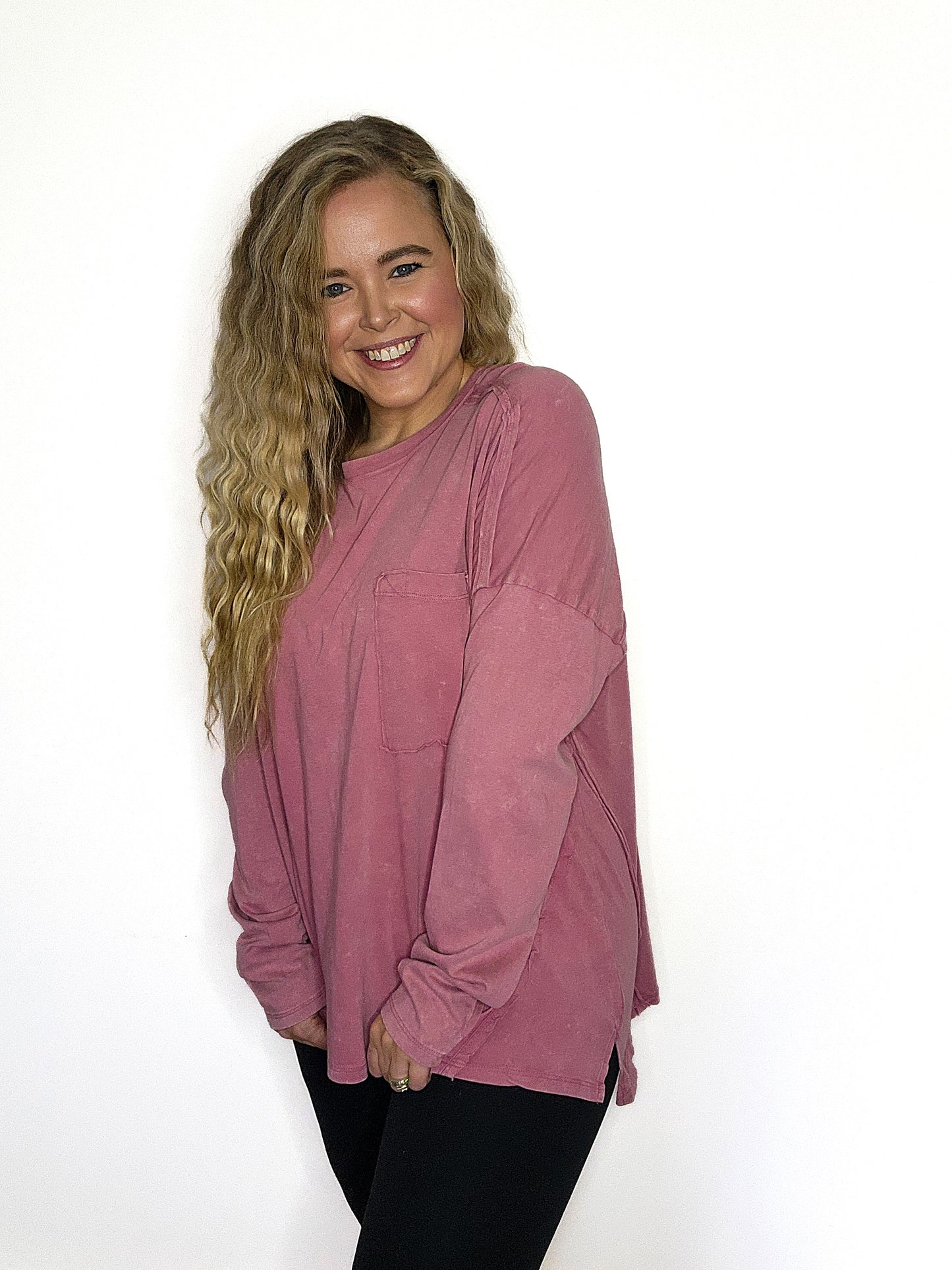 Mauve Raw Seam Detail Washed Knit Top