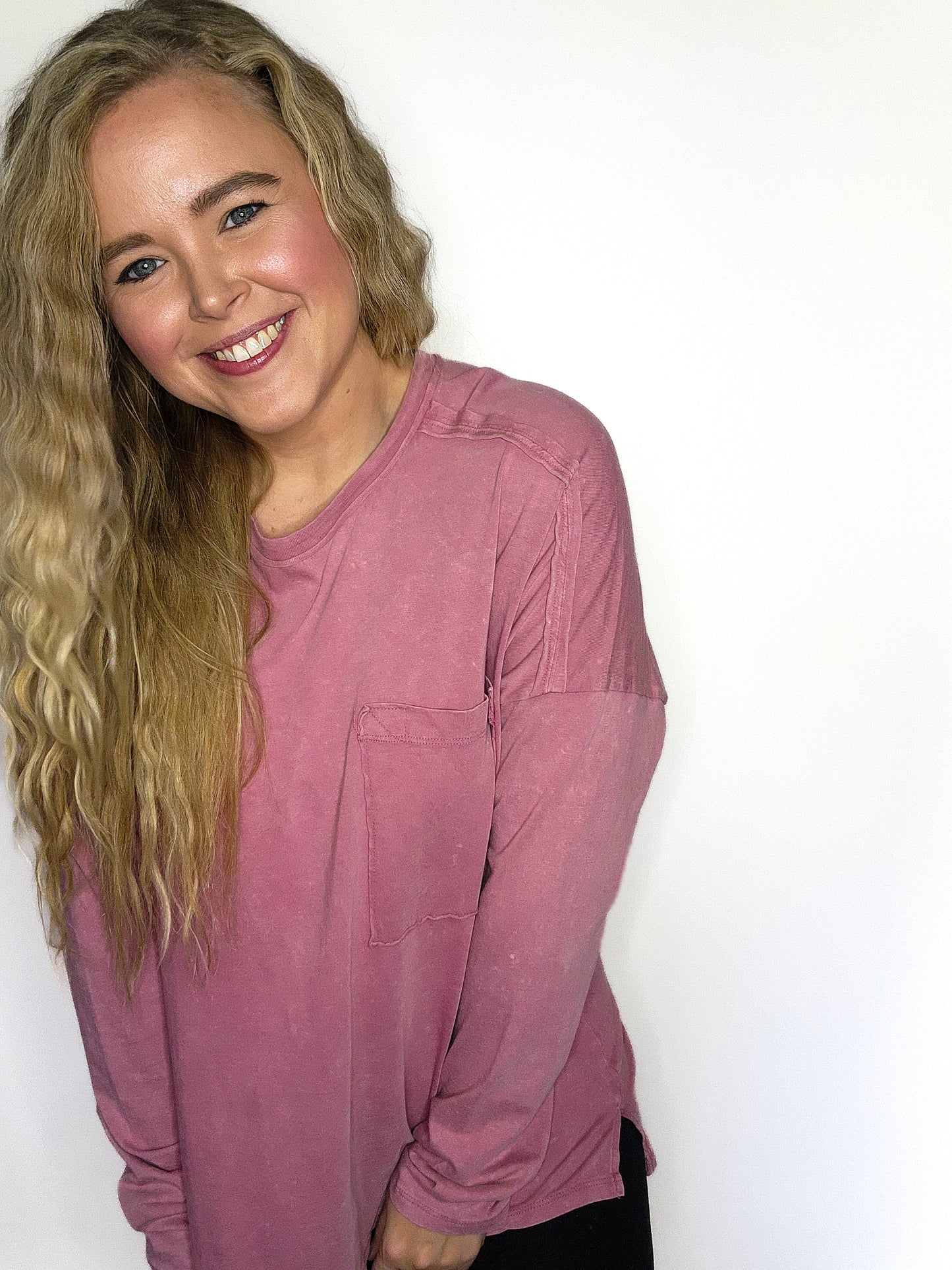 Mauve Raw Seam Detail Washed Knit Top