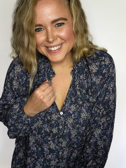 Indigo Floral Button Up Blouse