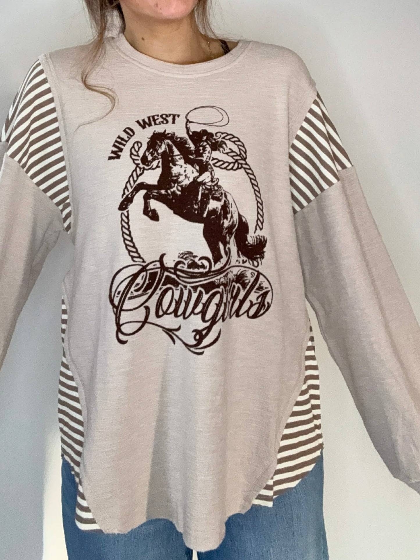 Oversized Mixed Media Western Graphic Knit Top