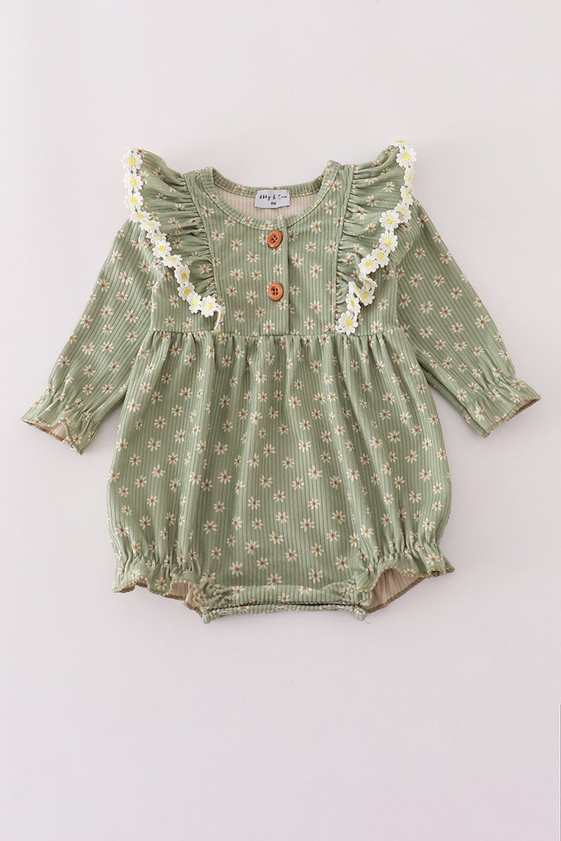 Green Corduroy Floral Lace Ruffle Bubble (Sizes 3M-12M)