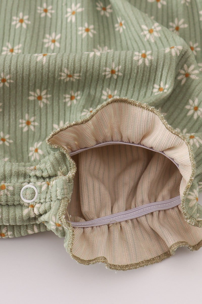 Green Corduroy Floral Lace Ruffle Bubble (Sizes 3M-12M)