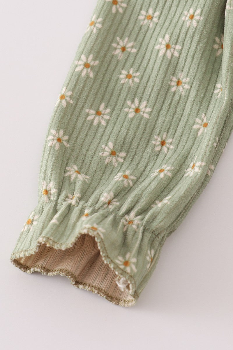 Green Corduroy Floral Lace Ruffle Bubble (Sizes 3M-12M)