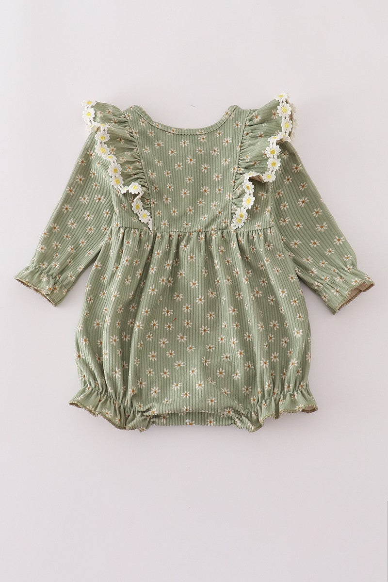 Green Corduroy Floral Lace Ruffle Bubble (Sizes 3M-12M)
