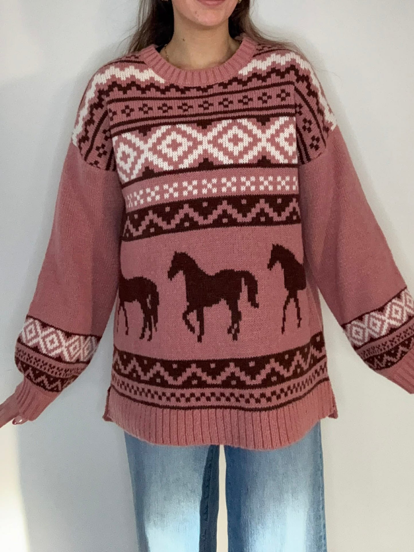 Mauve Western Graphic Oversized Knit Sweater Top