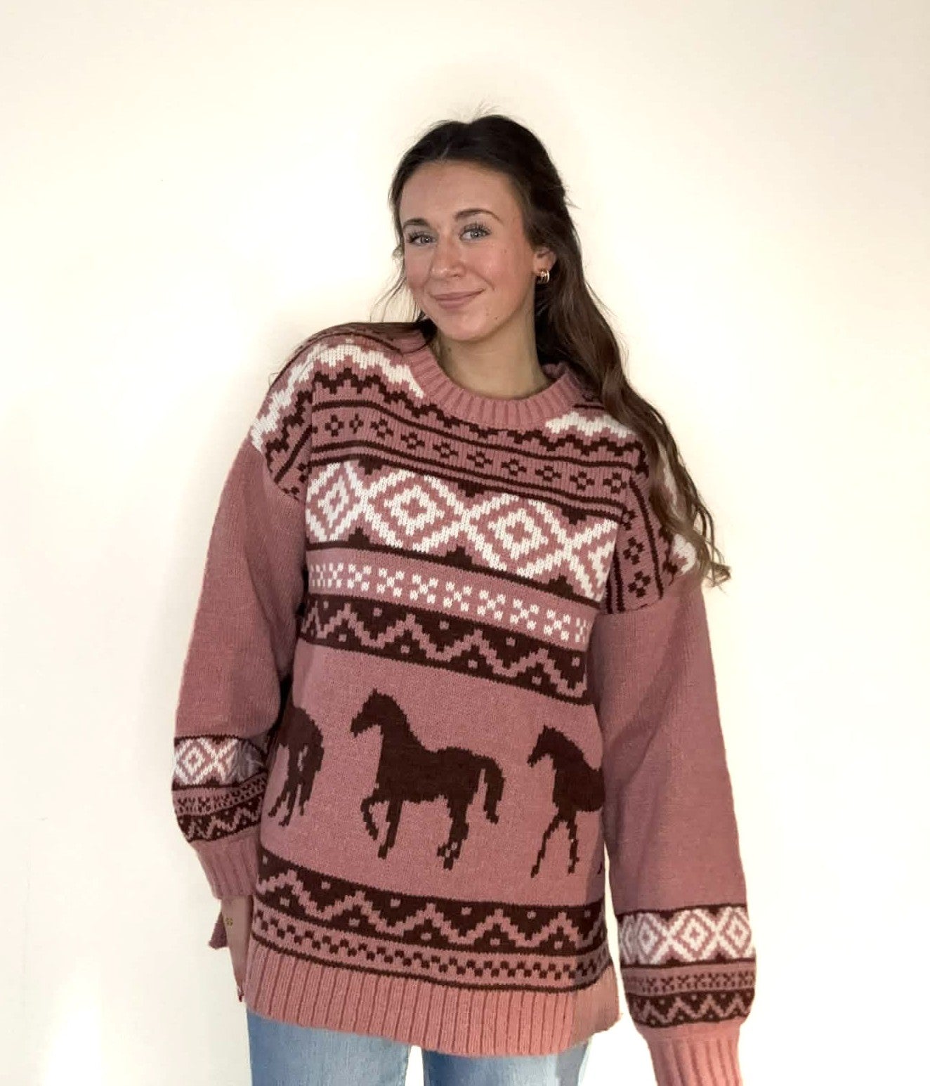 Mauve Western Graphic Oversized Knit Sweater Top