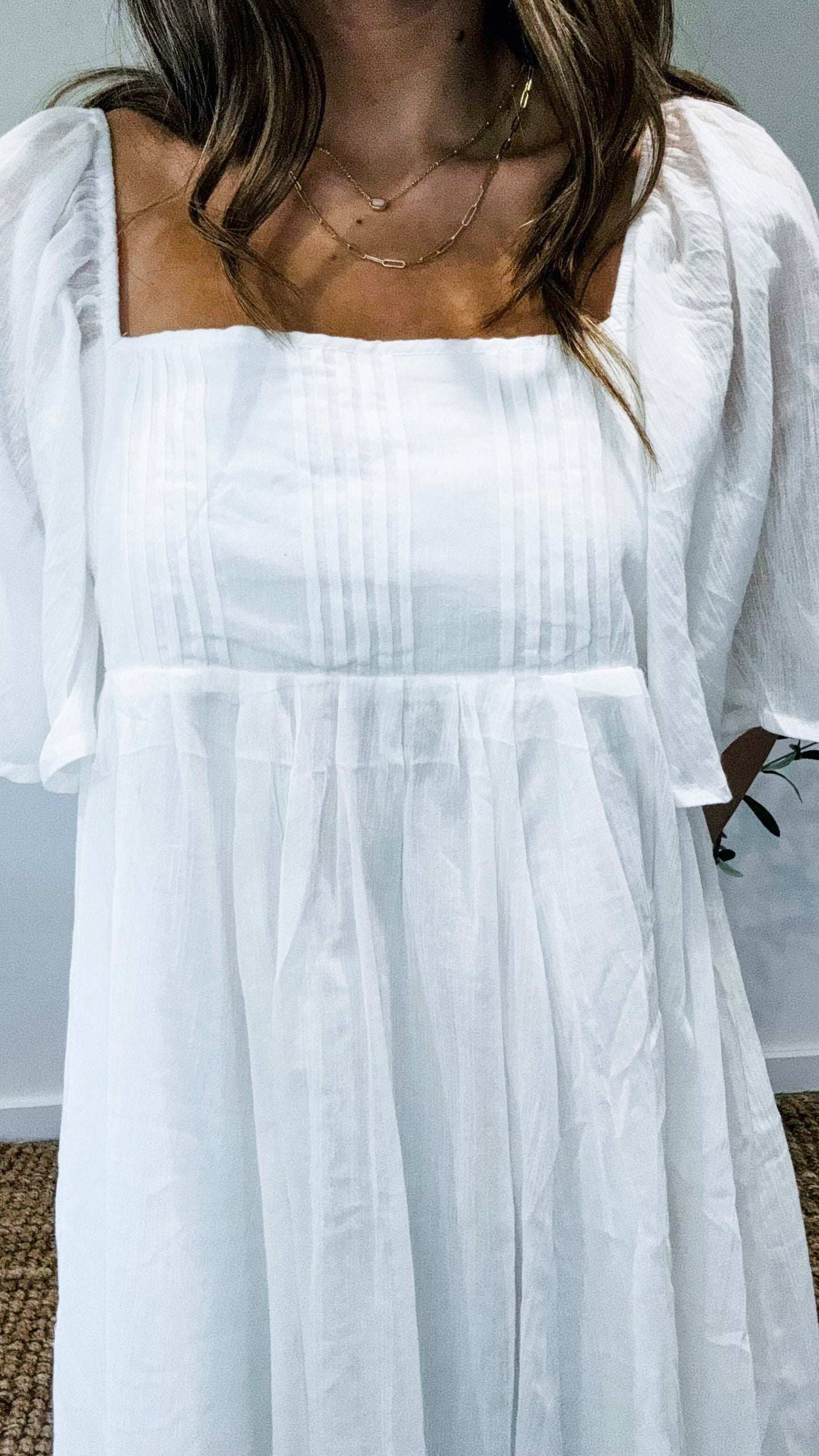 White Pintucked Flutter Sleeve Mini Dress