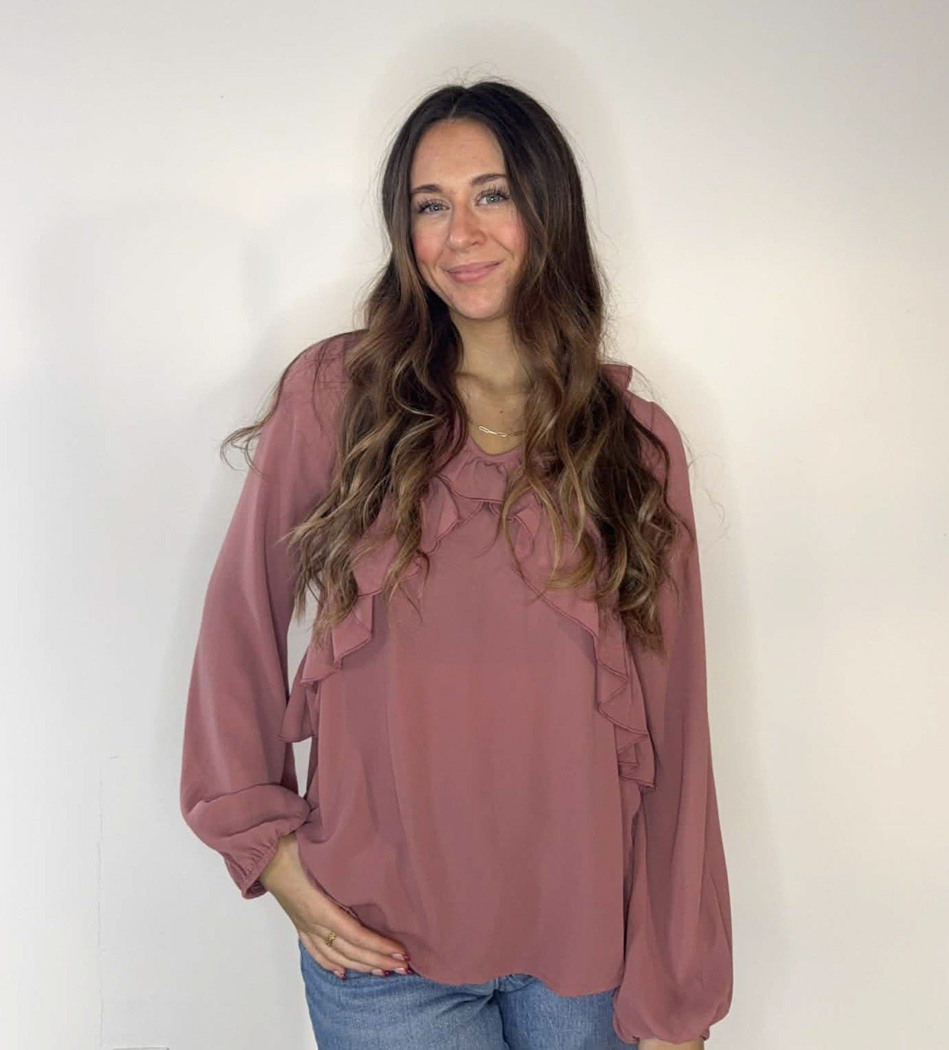 Mauve Solid Ruffle Long Sleeve Top