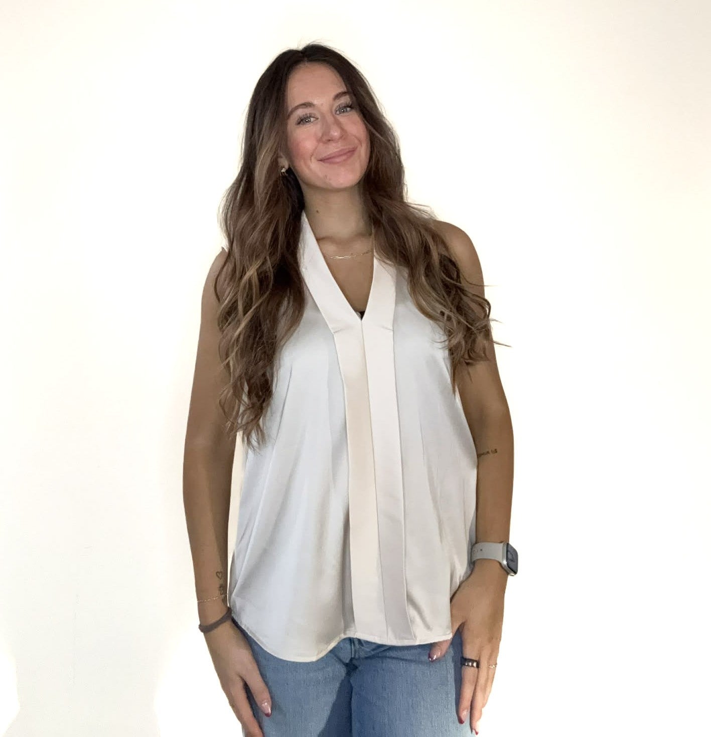 Champagne Satin Collared Sleeveless Blouse