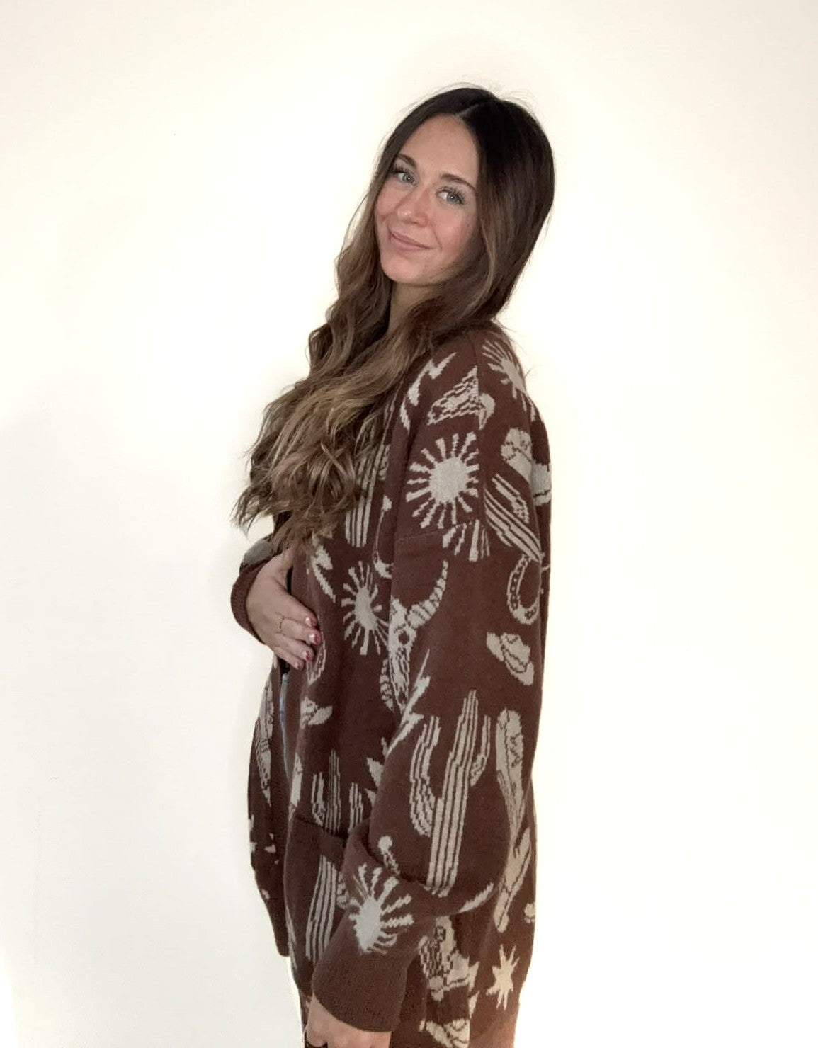 Chocolate Oversized Western Graphic Knit Sweater Cardigan