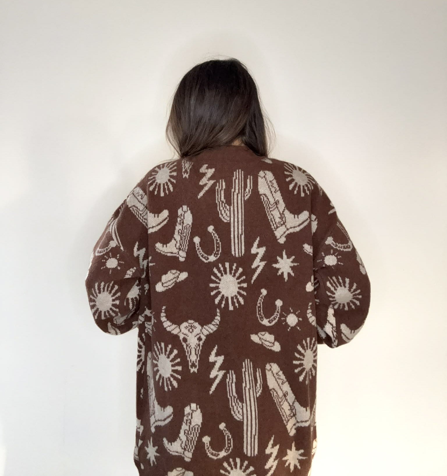 Chocolate Oversized Western Graphic Knit Sweater Cardigan
