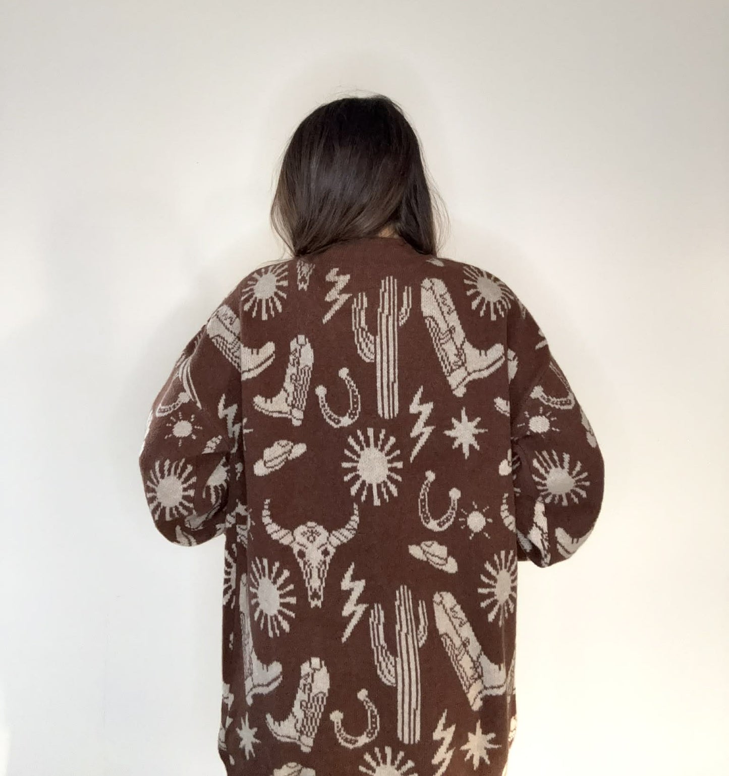 Chocolate Oversized Western Graphic Knit Sweater Cardigan