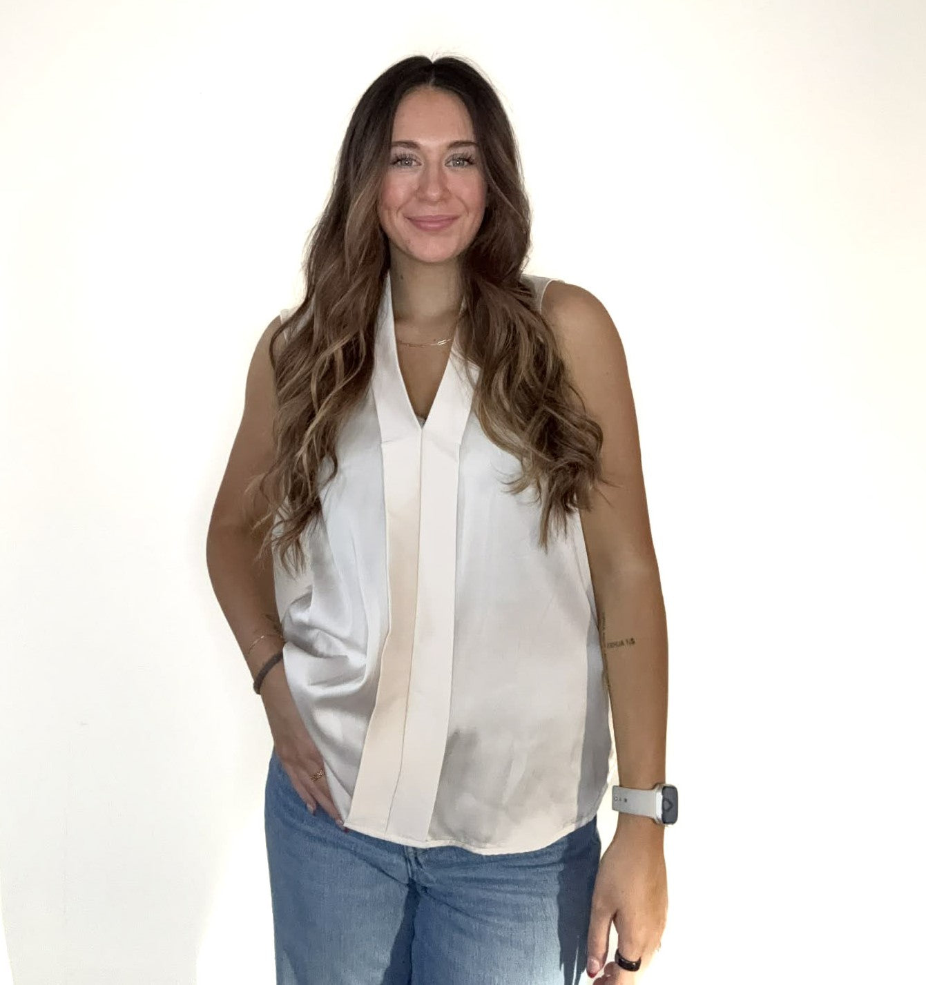 Champagne Satin Collared Sleeveless Blouse