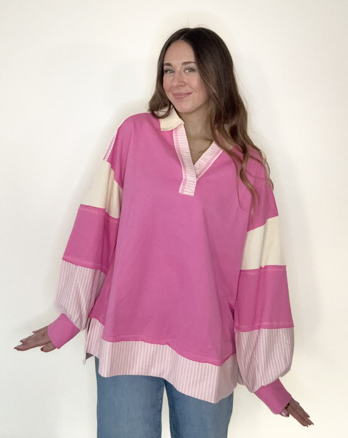 Pink Color Block Solid & Stripe Casual Knit Top