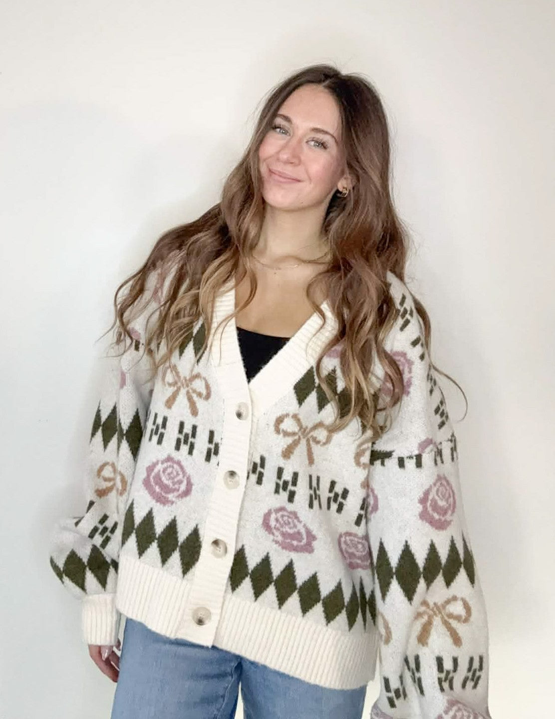 Bow & Floral Graphic Knit Sweater Cardigan