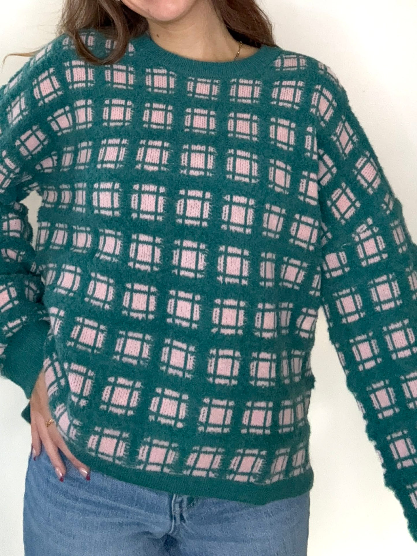 Forest Oversized Soft Yarn Checker Knit Sweater Top