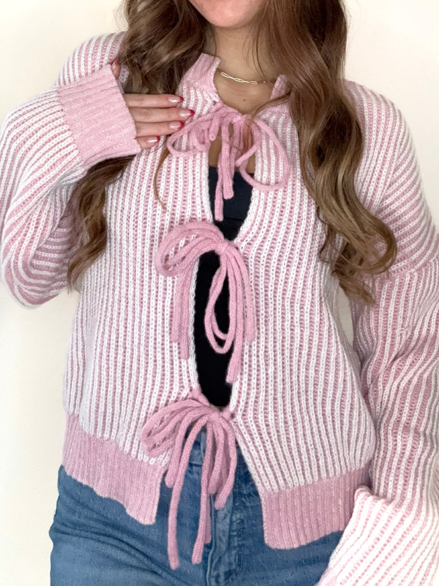 Pink Front Tie Two Tone Knit Cardigan