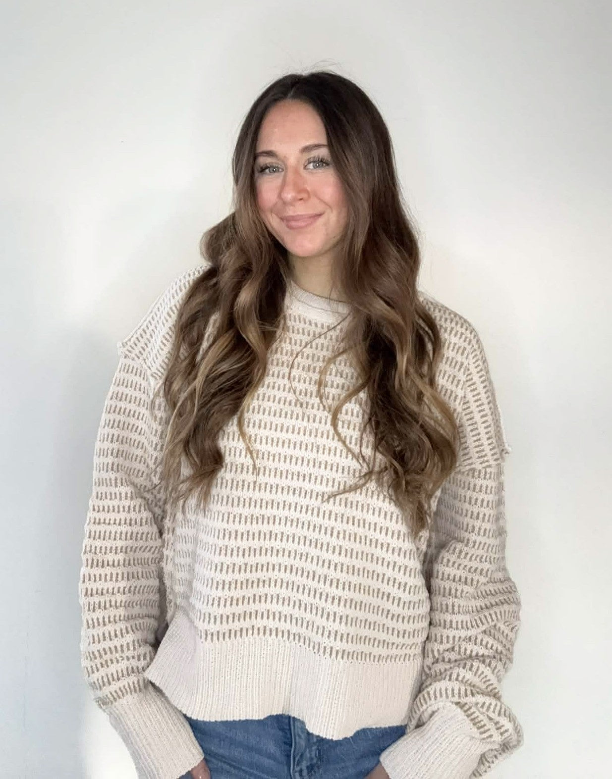 Two Tone Taupe Textured Knit Casual Sweater Top