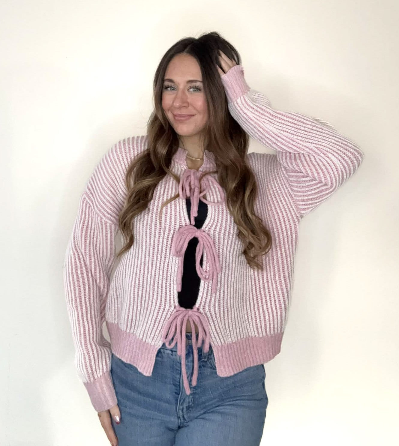 Pink Front Tie Two Tone Knit Cardigan