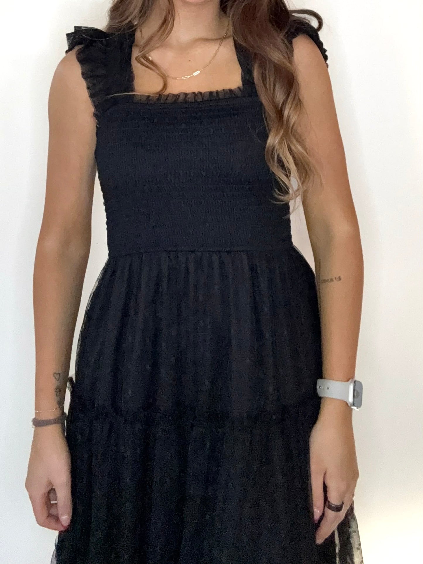Black Polka Dot Chiffon Smocked Tiered Midi Dress