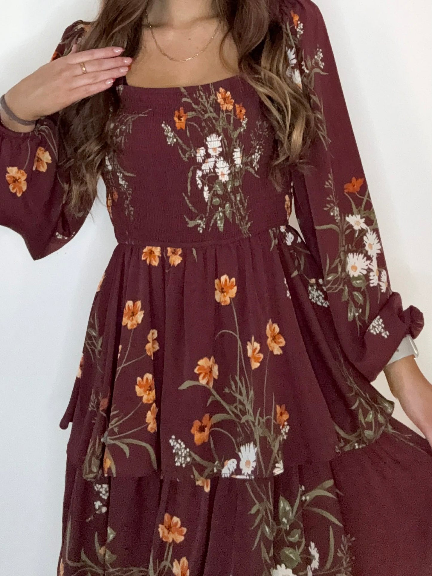Burgundy Floral Smocked Tiered Balloon Sleeve Midi Dress