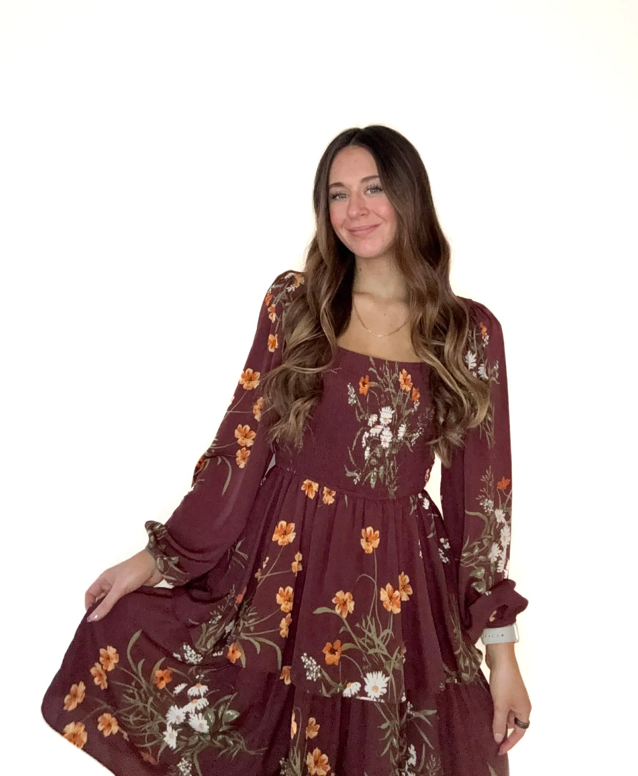 Burgundy Floral Smocked Tiered Balloon Sleeve Midi Dress