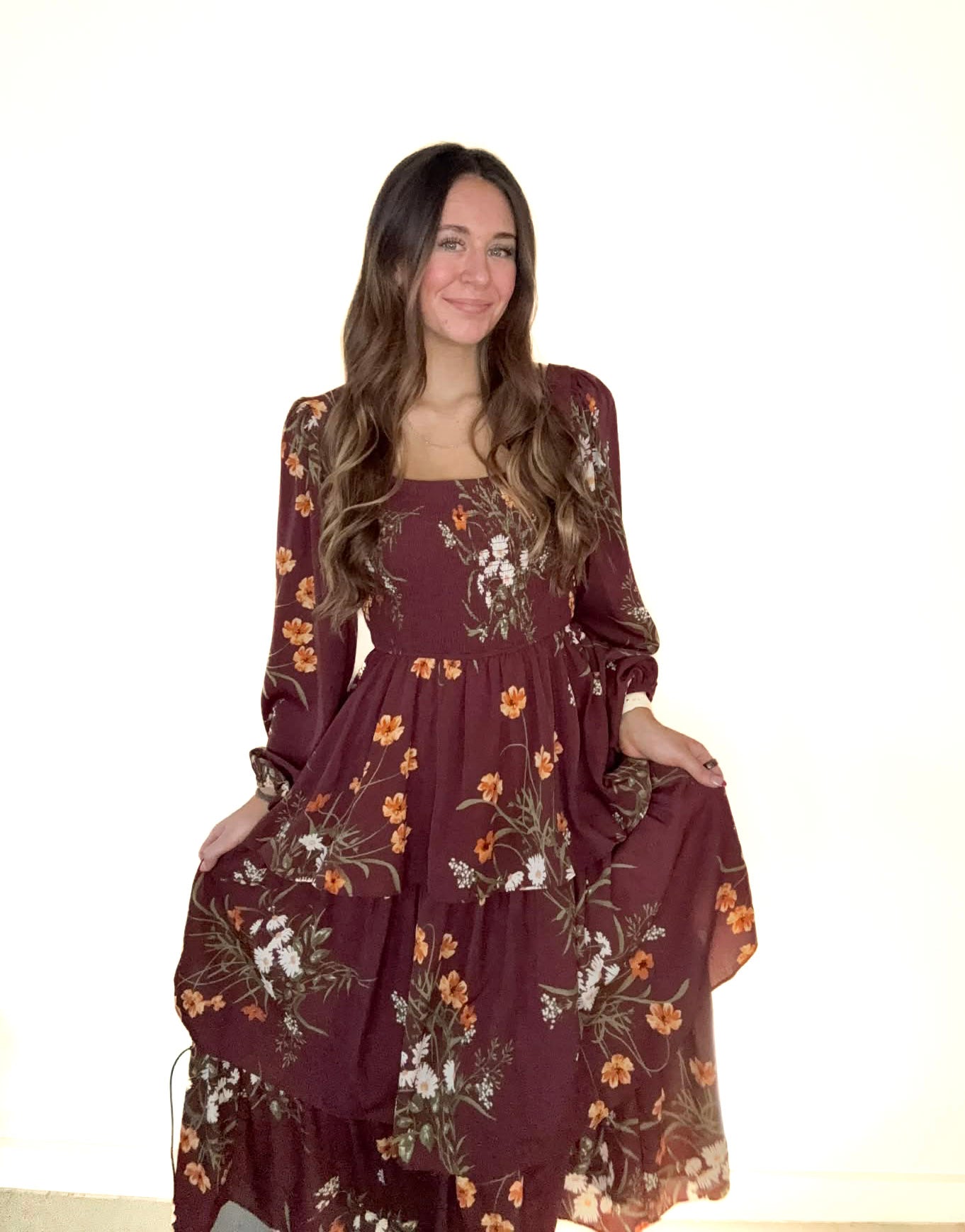 Burgundy Floral Smocked Tiered Balloon Sleeve Midi Dress