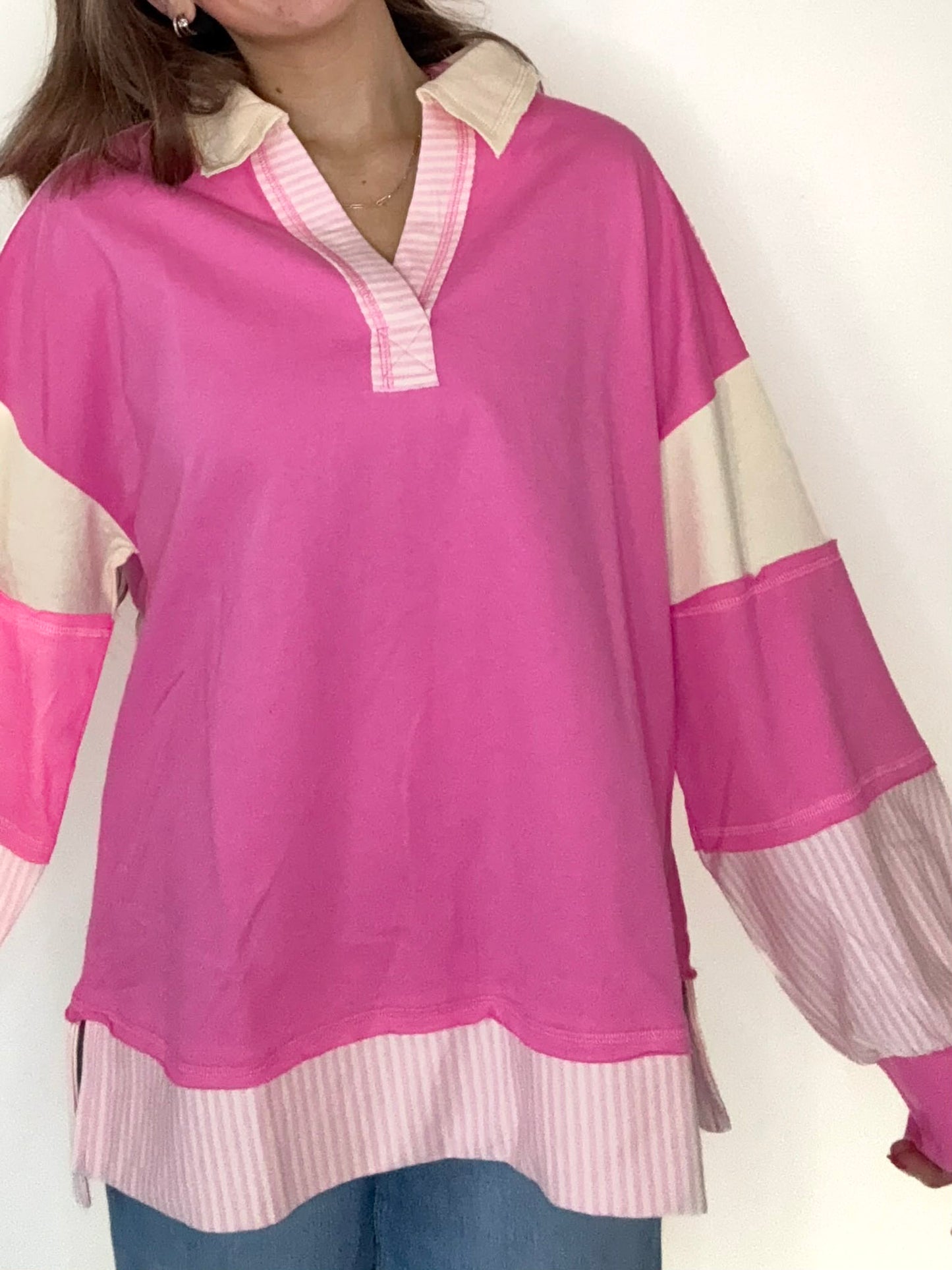 Pink Color Block Solid & Stripe Casual Knit Top