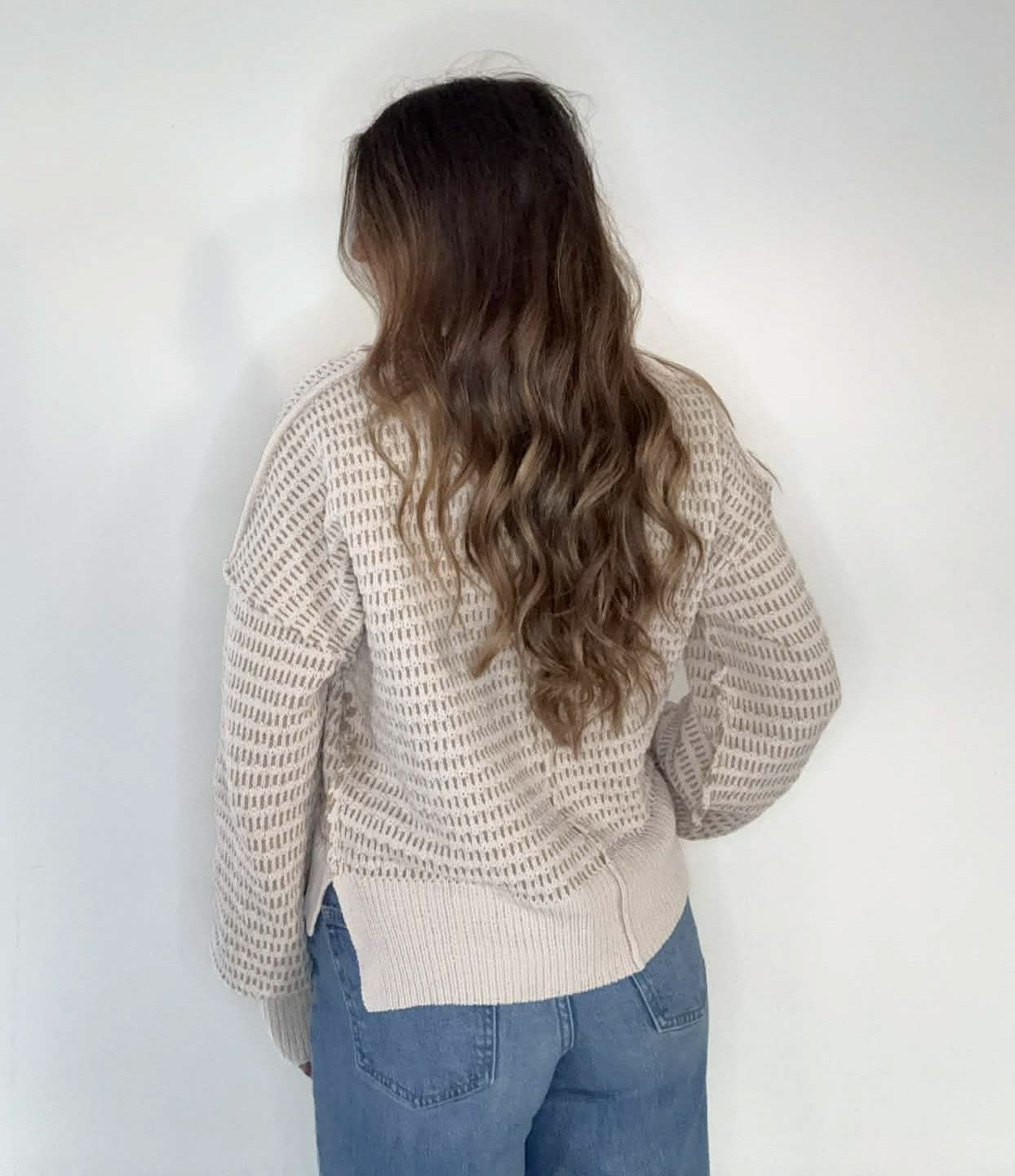 Two Tone Taupe Textured Knit Casual Sweater Top