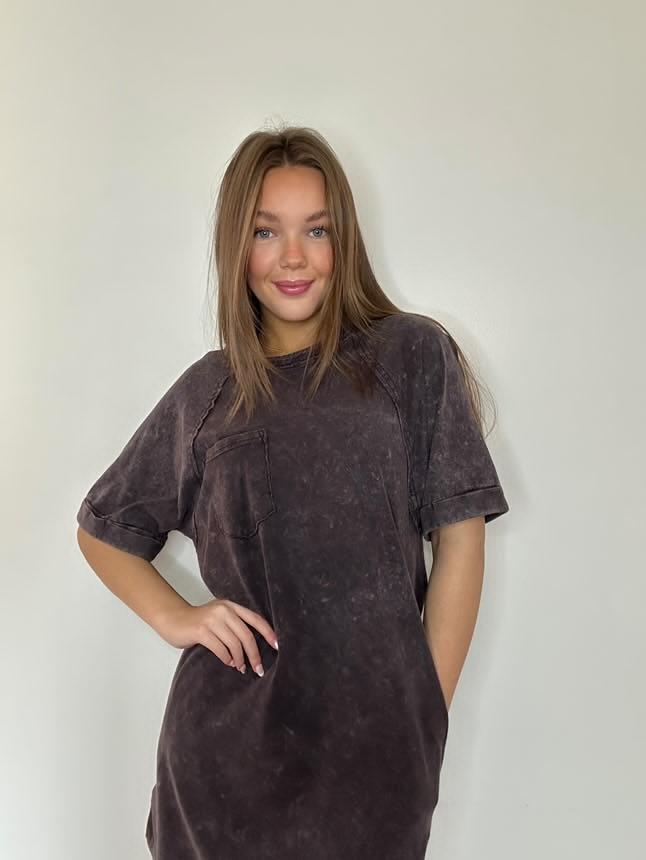 Black Round Neck Washed Knit Mini Dress