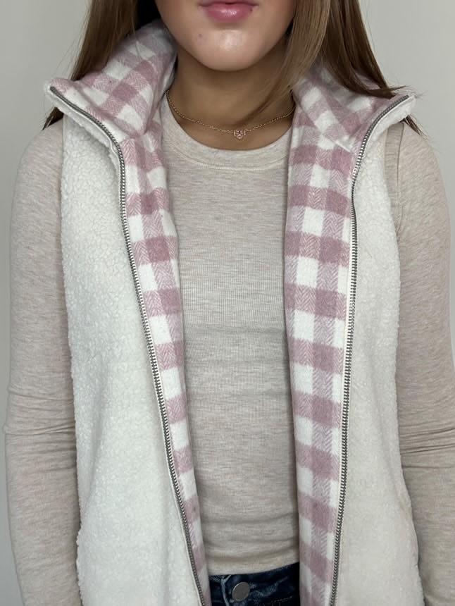 Lilac Cream Reversible Sherpa Gingham Vest