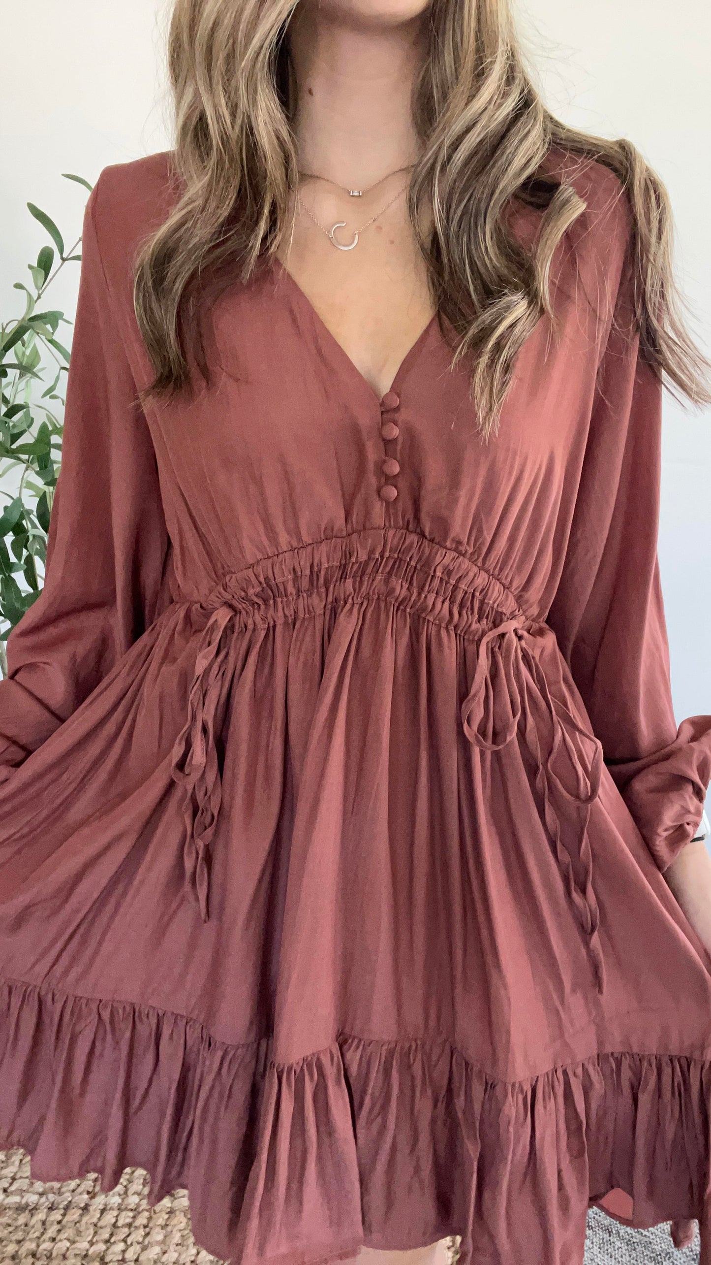 Flowy Marsala V-Neck Mini Dress Button and Tie Details